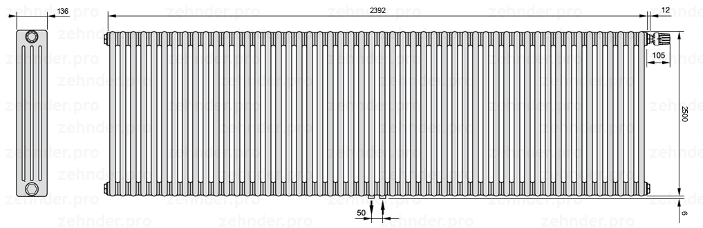 Схема (чертеж) Радиатор Zehnder Charleston 4250/52 №V008 Белый глянцевый RAL 9016